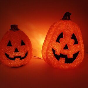 2 pc Set Orange Melted Plastic Popcorn Pumpkin Jack O Lantern Lighted 13" & 10"